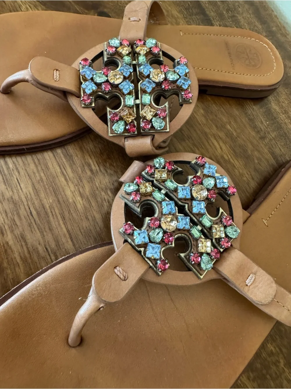 Camel Leather Tory Burch Miller Sandal Crystal Ladies Sandals Flip Flops - 9